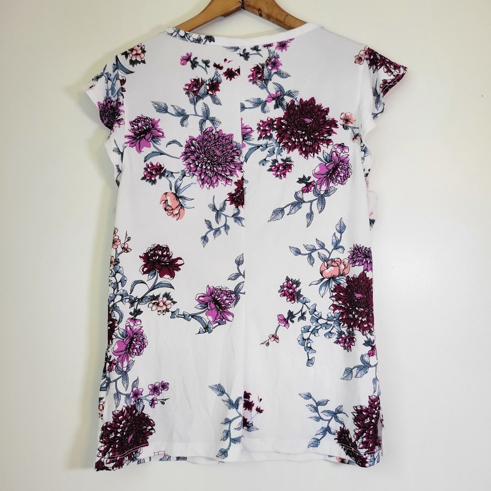 Candies Womens Floral Pearl Neck Flutter Sleeve Blouse Top Purple White Size M - Picture 3 of 7